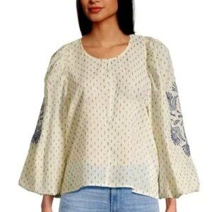 World Market Dobby Floral Embroidered Bell Sleeve Top Peasant Blouse Boho